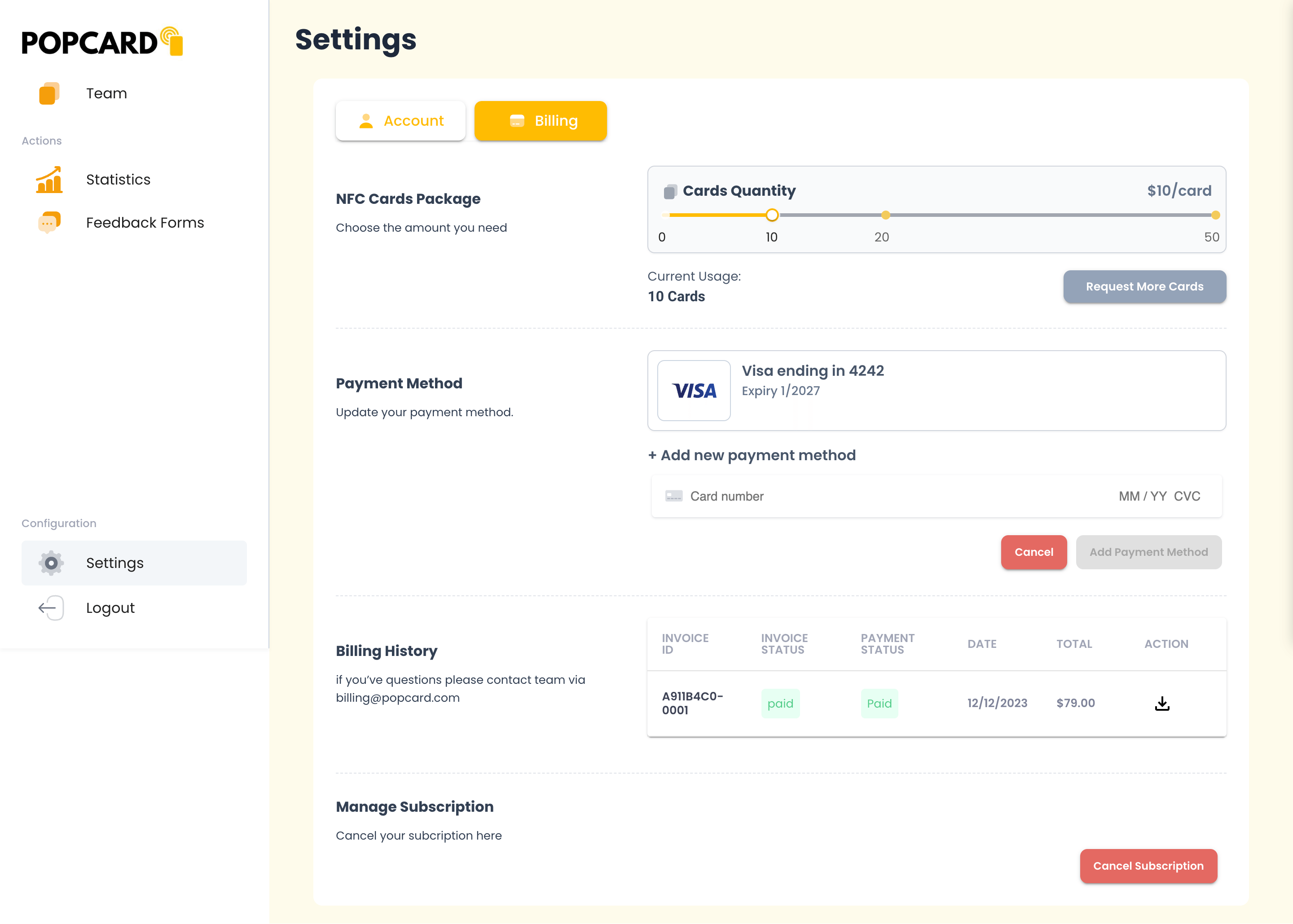 Popcard Billing